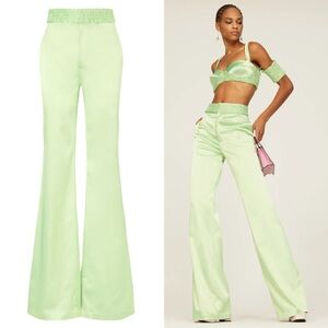 Aliette Satin Pant 2 Pistachio Green Wide Leg Trouser Ruched Waist Pockets